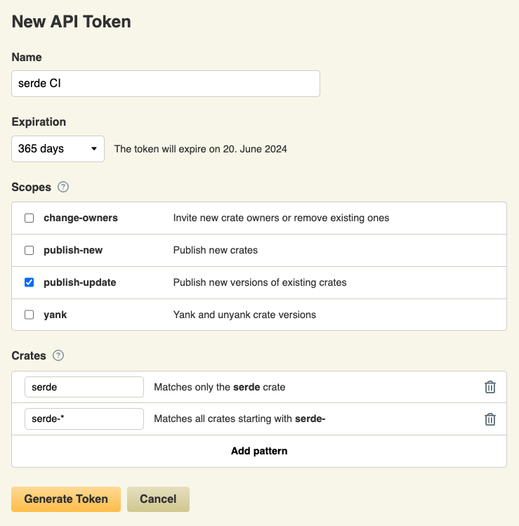 Screenshot of the "New API Token" page